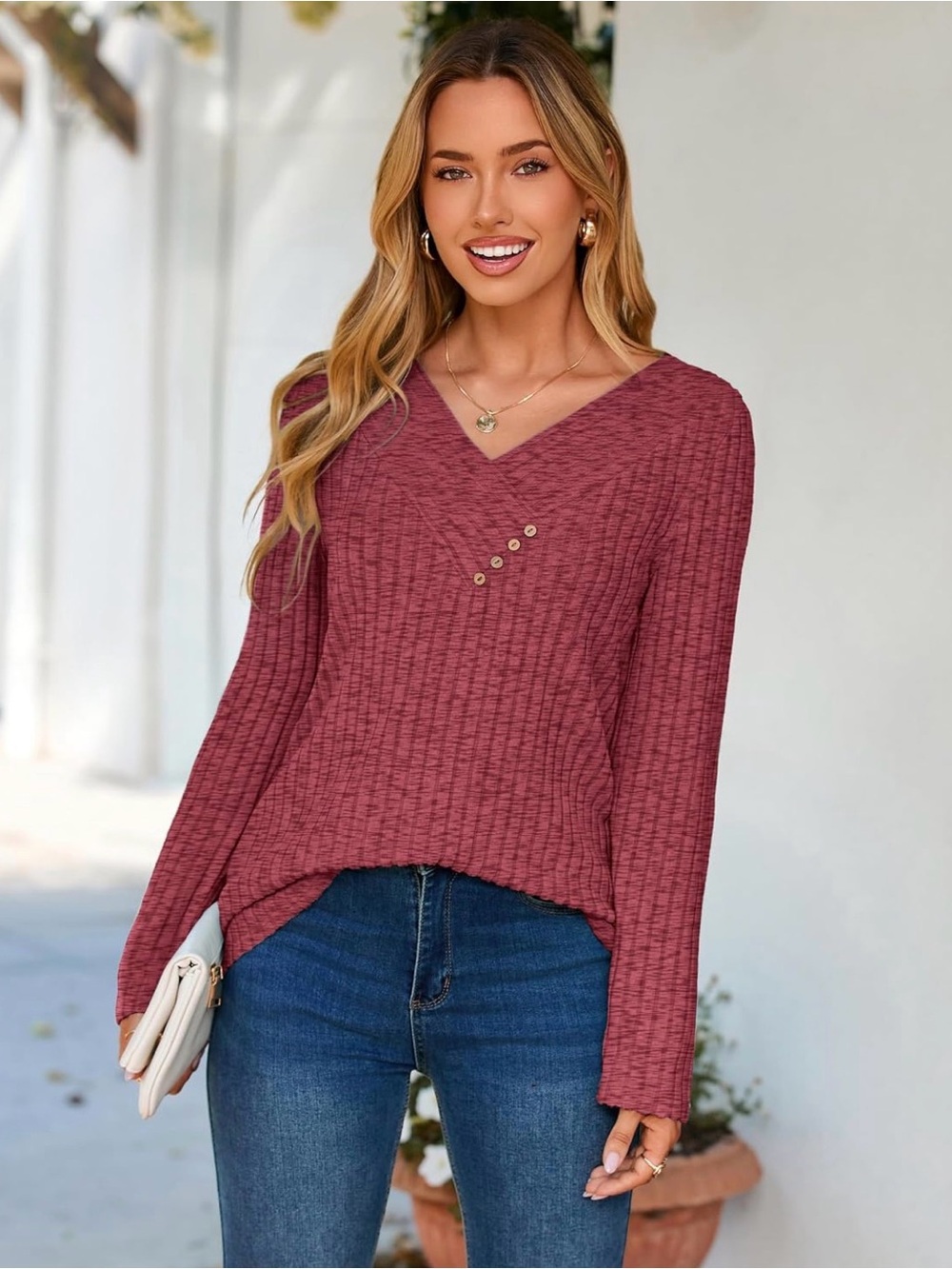 V-Neck Ribbed Long-Sleeve Top - Rose